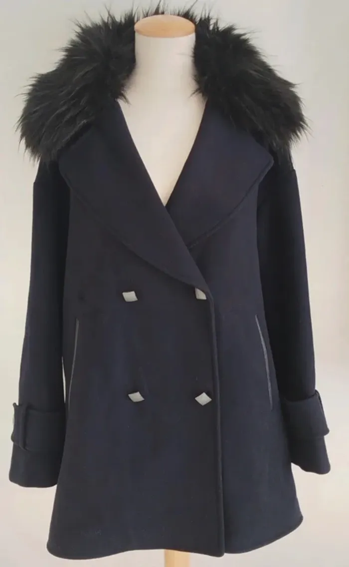 Magnifique veste chaude bleu marine en laine avec col fausse fourrure amovible Salsa taille 40 - photo numéro 2