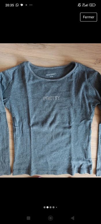 t-shirt à manches longues rayés / marinière gris avec écriture en strass in extenso 10 ans