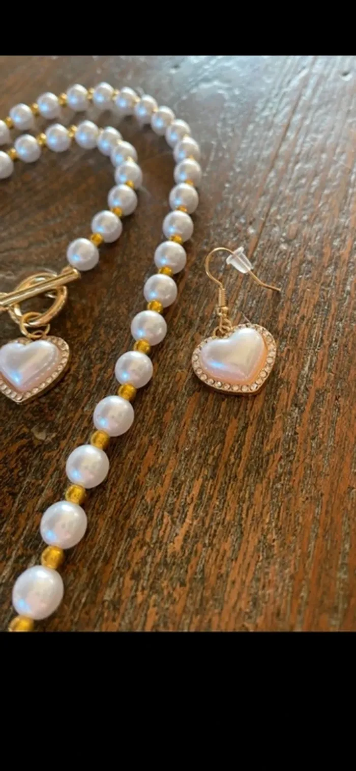Magnifique parure collier , boucles d’oreilles, et bracelet , cœur, perles et strass - photo numéro 9