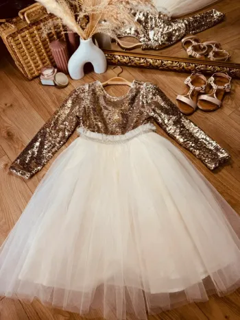 Taille 8 ans Robe créateur fille TAO crème doré * sequins tulle * 🌹