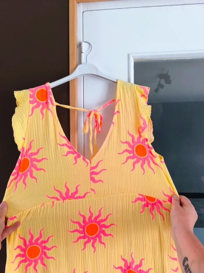 Robe longue été jaune et rose gaz de coton imprimé soleil TU 36 à 42 - photo numéro 5