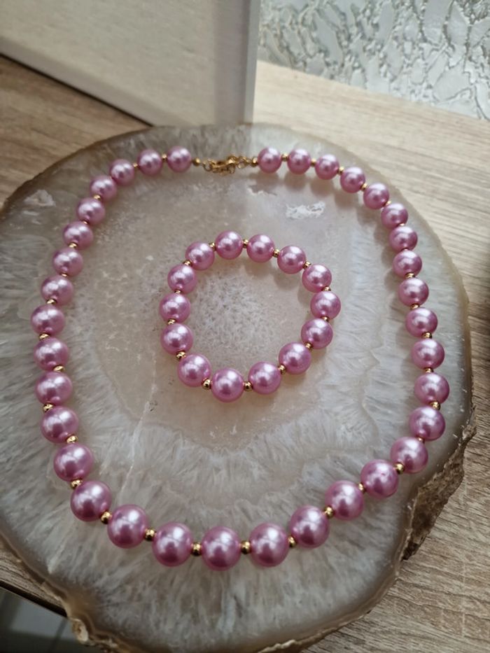 Parure Collier Bracelet De Perles Rose Lila Doré - photo numéro 7