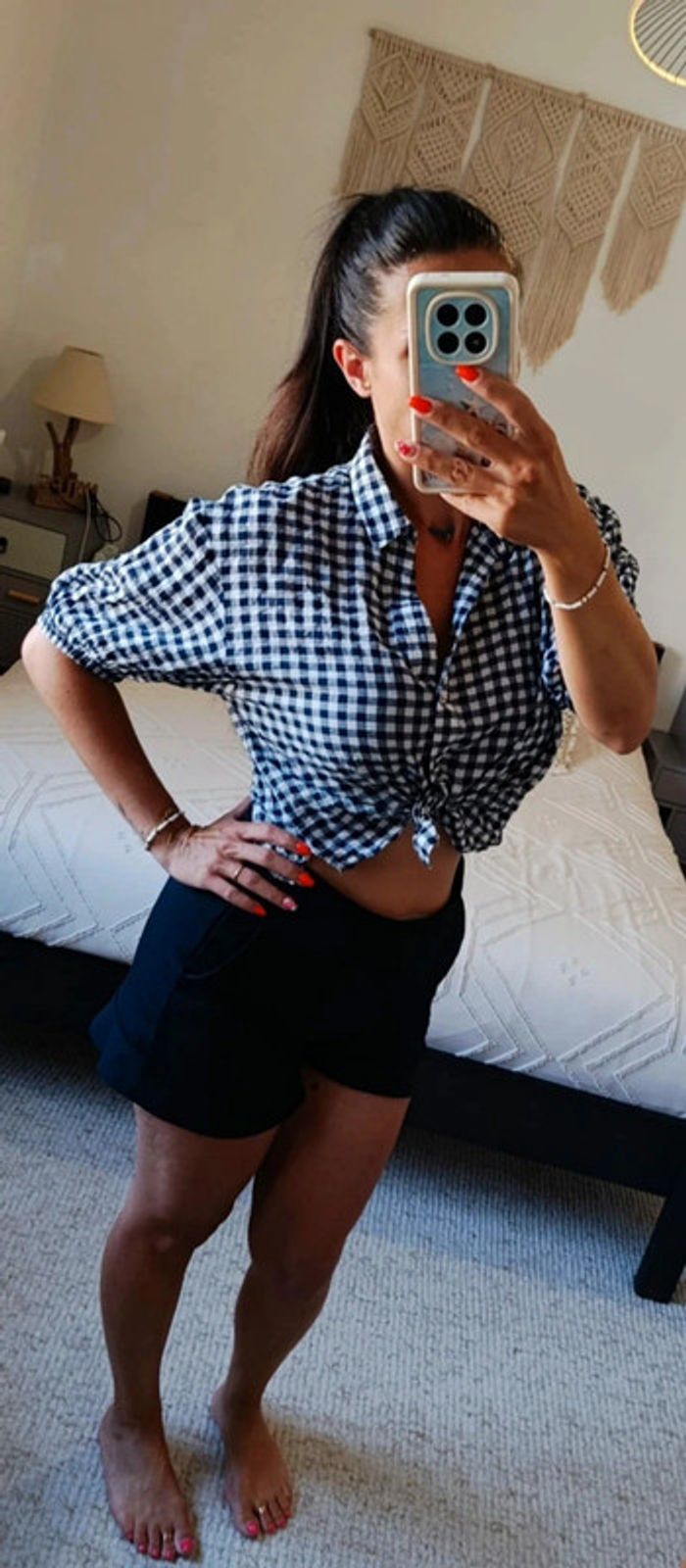 Chemisier court croc top Violeta by Mango L vichy bleu marine à carreaux coton élasthanne
