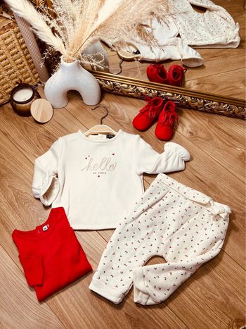 Taille 6 mois tenue 3p fille Kiabi rouge et écru * hello * 🎀