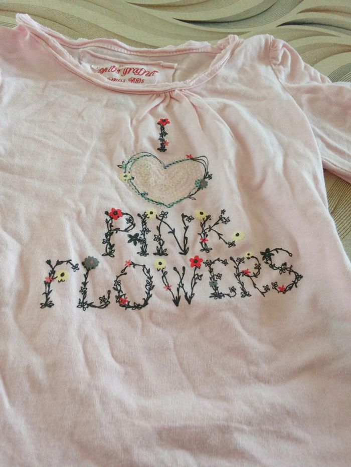 T-shirt manches longues rose motif fleur et cœur 36 mois Kids Graffiti - photo numéro 3