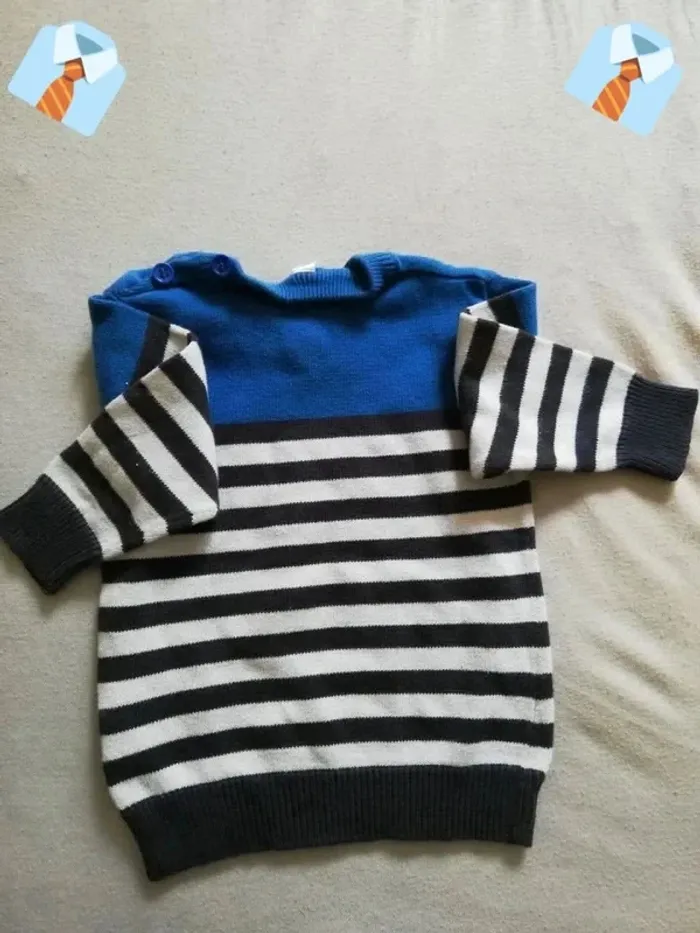 Maillot à Manches Longues - Bleu et Rayures Noires/Blanches (Taille 74 cm) - photo numéro 2