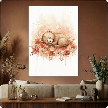 Affiche murale “Ourson Endormi” illustration enfant douce fleurs déco A3 Sans cadre