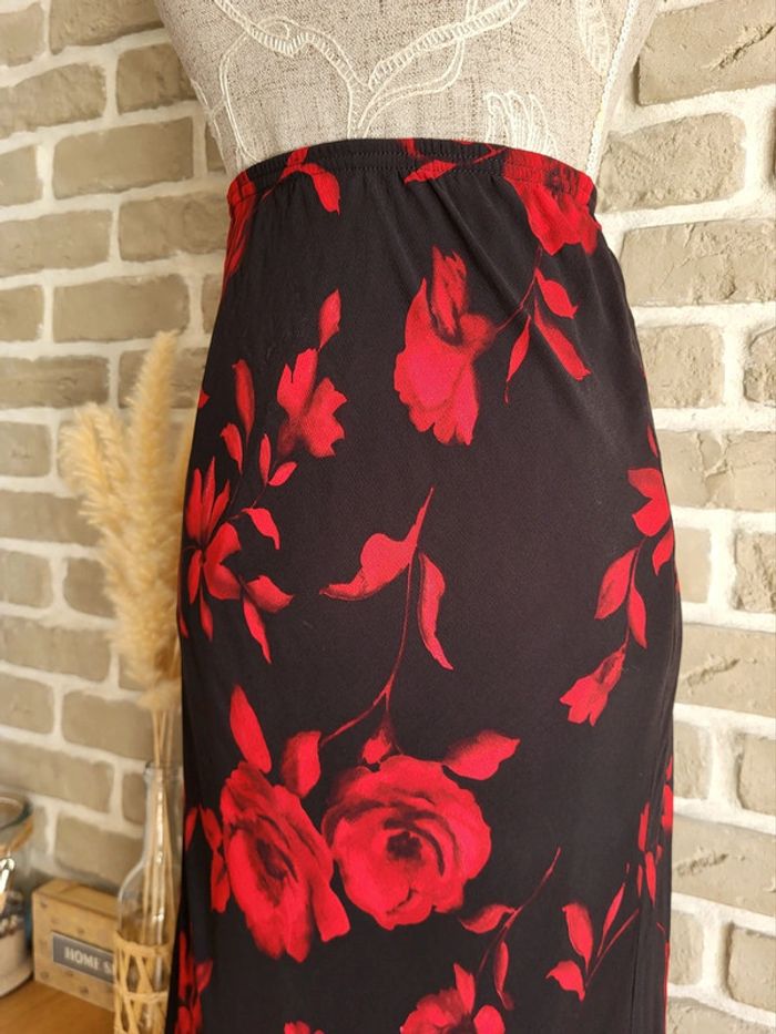 Jupe longue noir imprimé rose rouge - Vintage Made in France - photo numéro 5