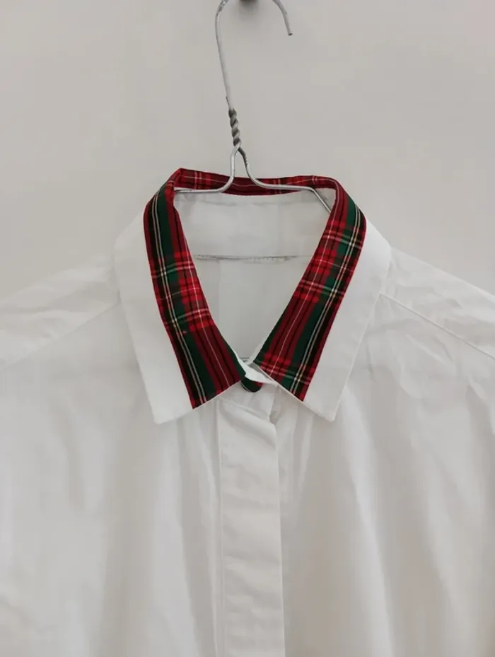 Chemise vintage blanche manches longues détails tartan - photo numéro 3