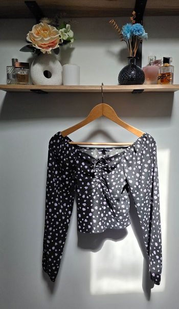 KIABI Crop Top Femme Noir Motif Fleuri Violet Froncé Taille S 36