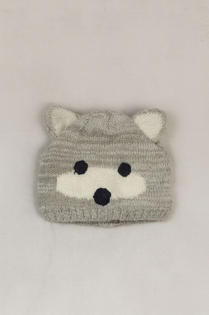 Bonnet bébé hiver chaud gris motif ours 6-12 mois
