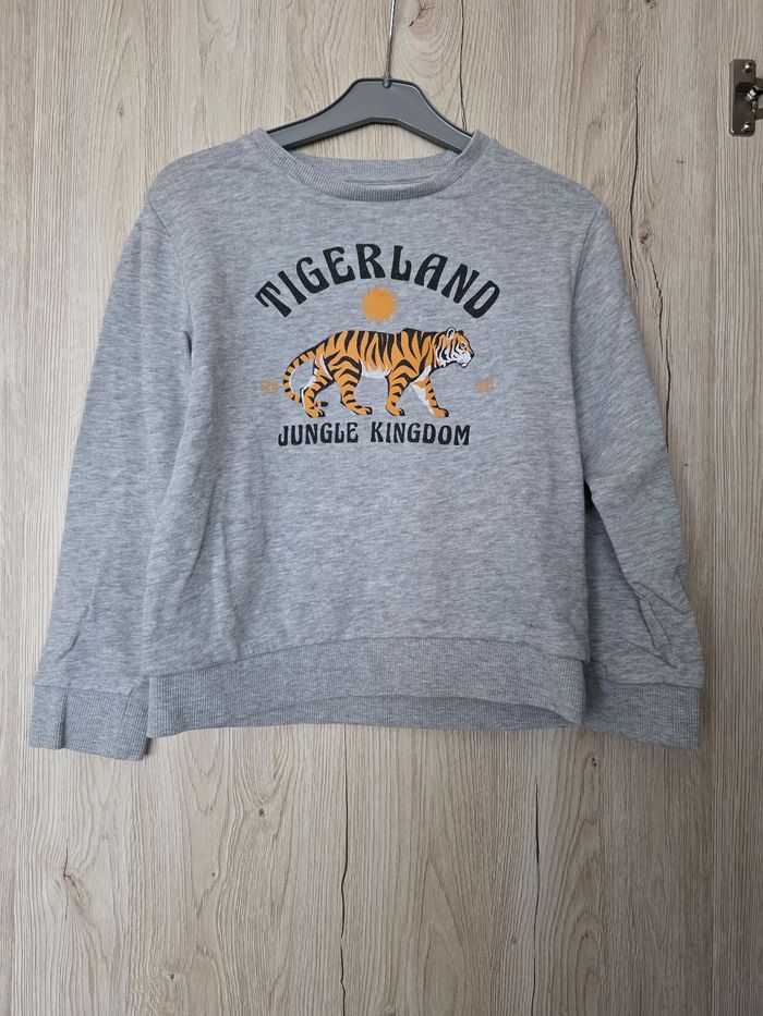 PULL GARÇON 👦 GRIS MOTIF TIGRE LAND 🐅  TAILLE 8ANS MARQUE GÉMO