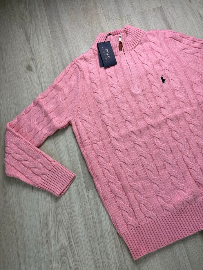 Torsadé Half zip demi zip Ralph Lauren col rond | Taille M hommes | Rose avec logo noir - photo numéro 5