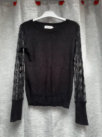 Pull léger Molly Bracken, pull noir manches transparentes, pull femme taille XS, S et M