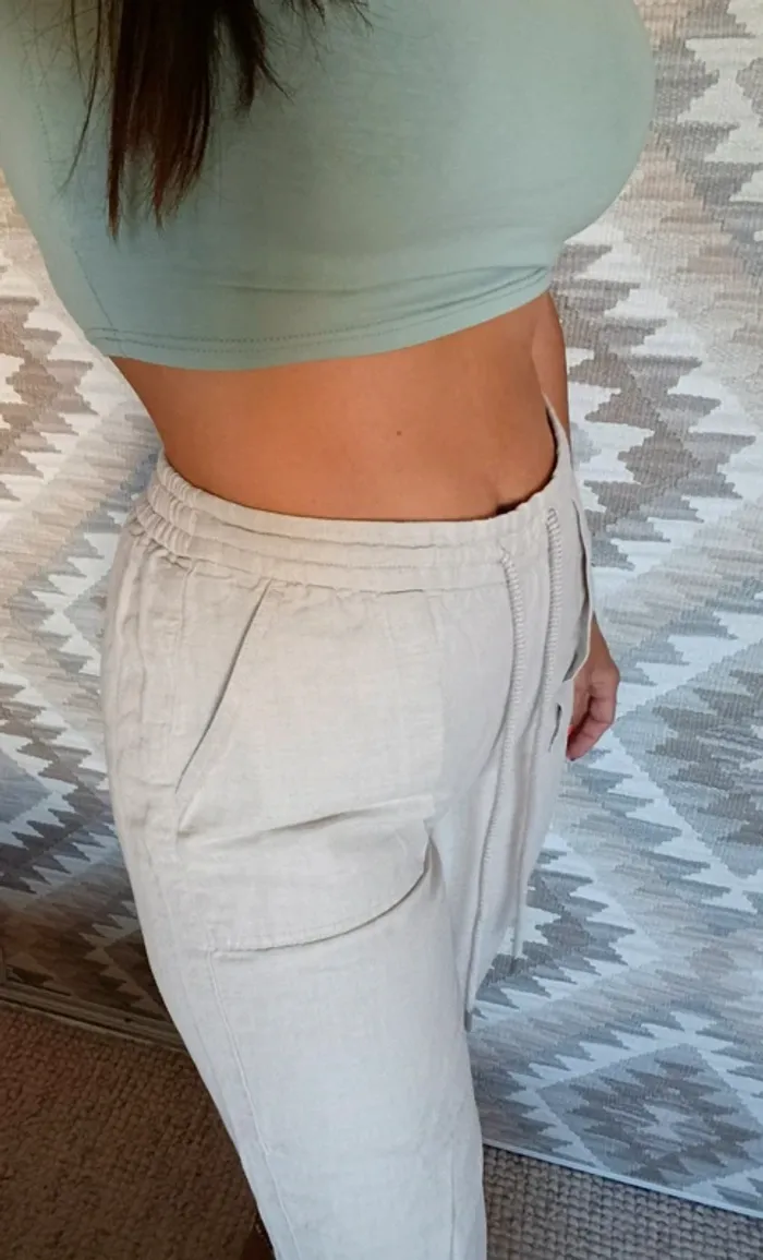 Pantalon Caroll beige crème en lin et coton 38 neuf taille élastique avec cordons - photo numéro 3