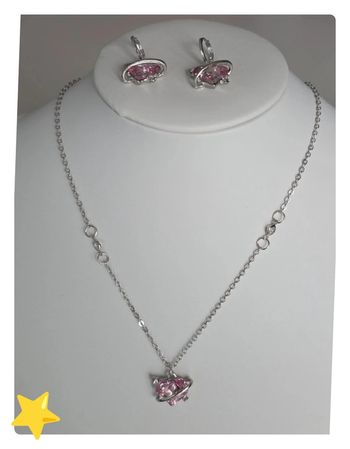 Ensemble Collier + boucle d'oreilles argenté cœur rose 45-50cm