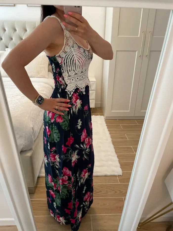 Robe, longue fleurie, Marine et Rose, 36 - photo numéro 2