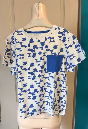 Tee-shirt MC garçon 10 ans – Blanc motifs bleu – Storytelling – TBE