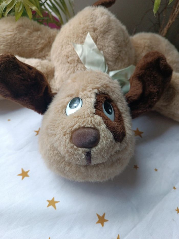 Peluche plush chien dog pound puppy Big grande beige Brown marron crème tâche cuddle allongé couché - photo numéro 2