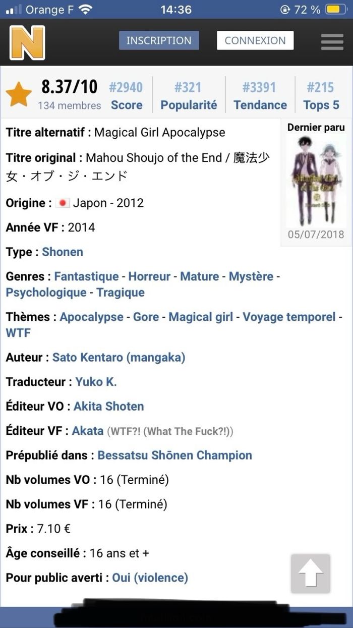 Manga (Tome 1) Magical Girl of the End ~ Kentarô Satô (2€50) - photo numéro 9
