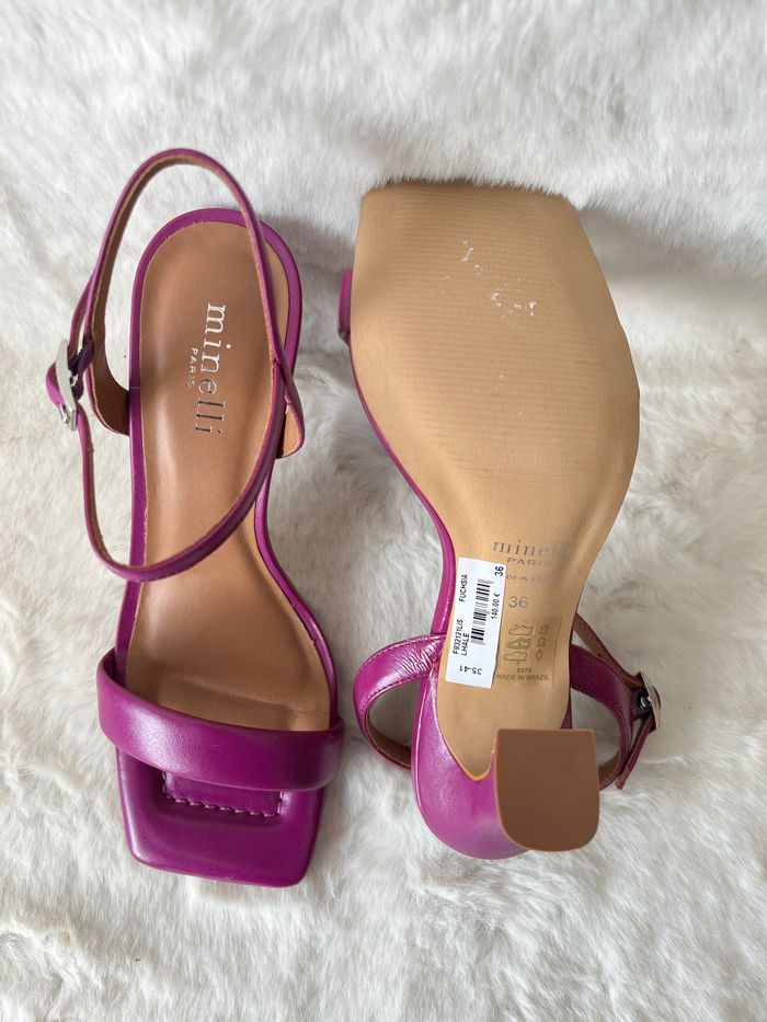 Sandales Minelli en cuir violette fuchsia pointure 37, talons 9 cm - photo numéro 4