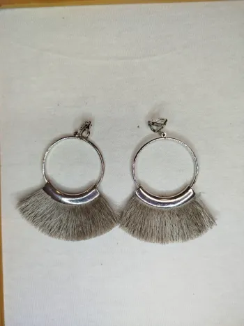 Boucle d'oreilles argent à franges grise - fermoir sans trou - 4 cm de diam