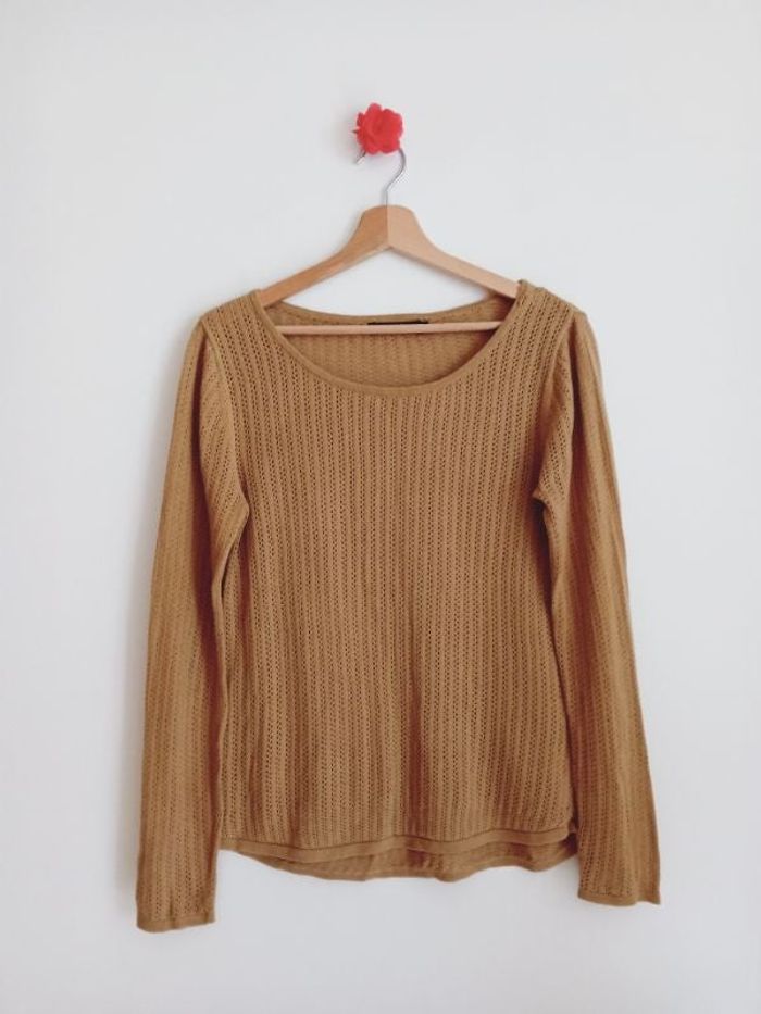 Petit pull maille légère ajourée camel 100% coton Monoprix Taille 36/38
