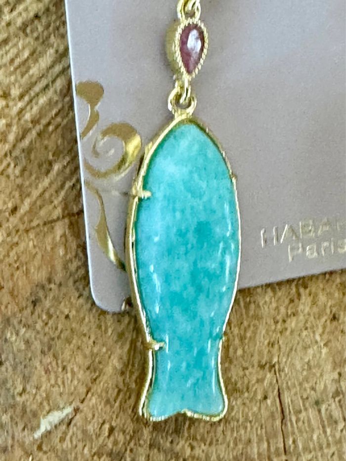 Sublime boucles d’oreilles  acier inoxydable le longues poisson jade vert et rose , amazonite - photo numéro 5