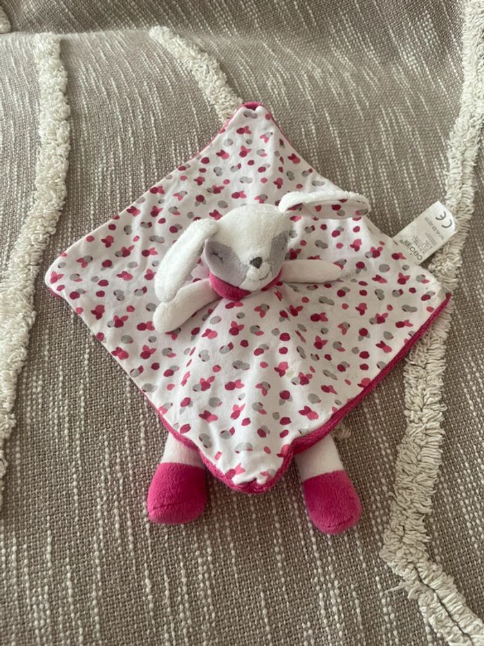 Peluche doudou plat 23cm obaibi chien lapin rose et blanc à pois fleur très bon état