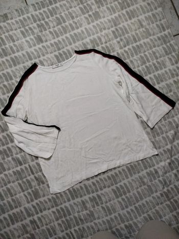 Blouse tee-shirt manches 3/4 évasées blanc a bandes Mango taille 38