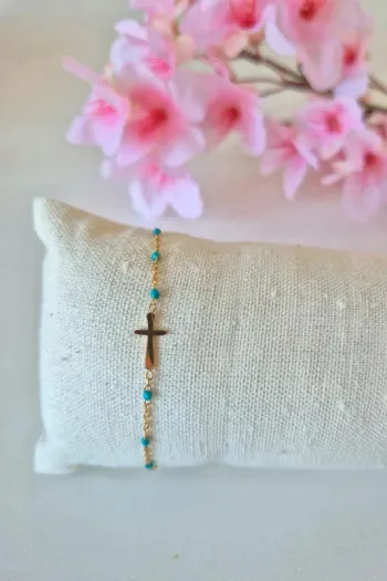 bracelet avec croix perles bleu canard 🌸 en acier inoxydable