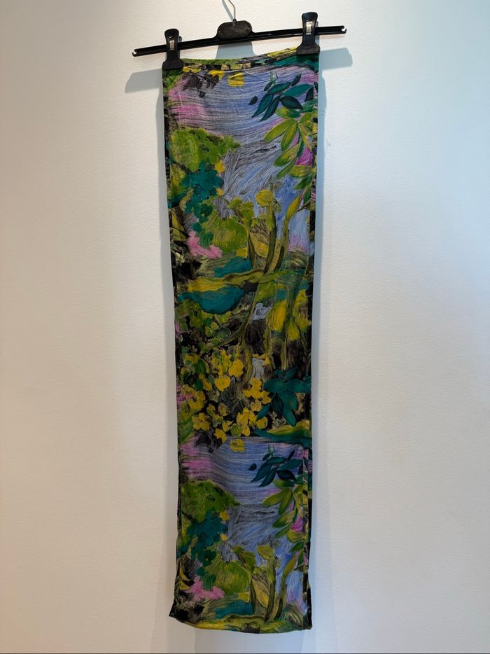 Foulard vintage long - motif floral peint - tons verts et jaunes - photo numéro 3