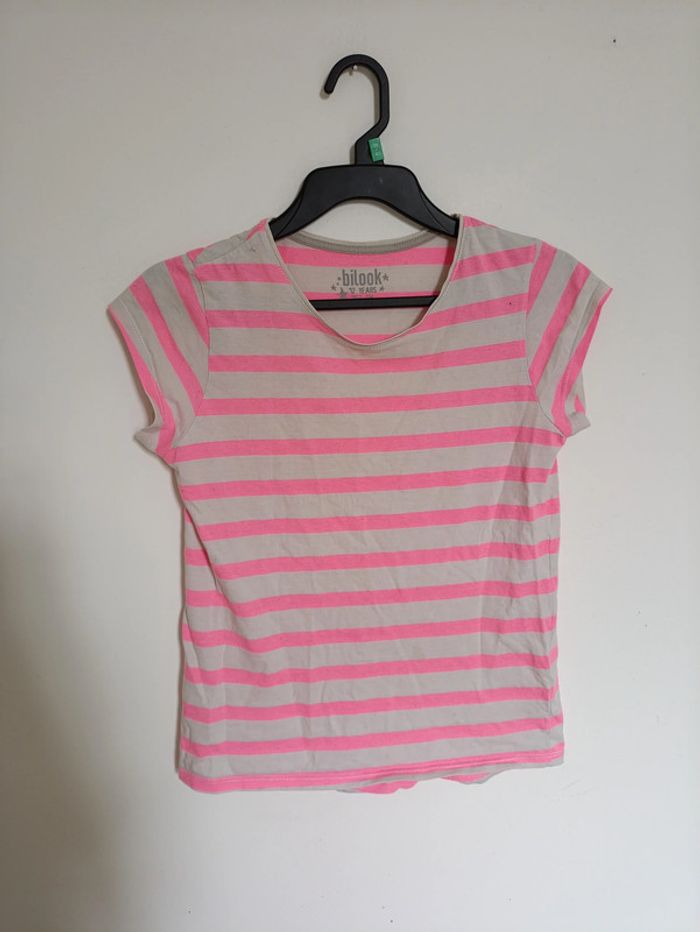 T-shirt rayé rose fluo et gris Bilook