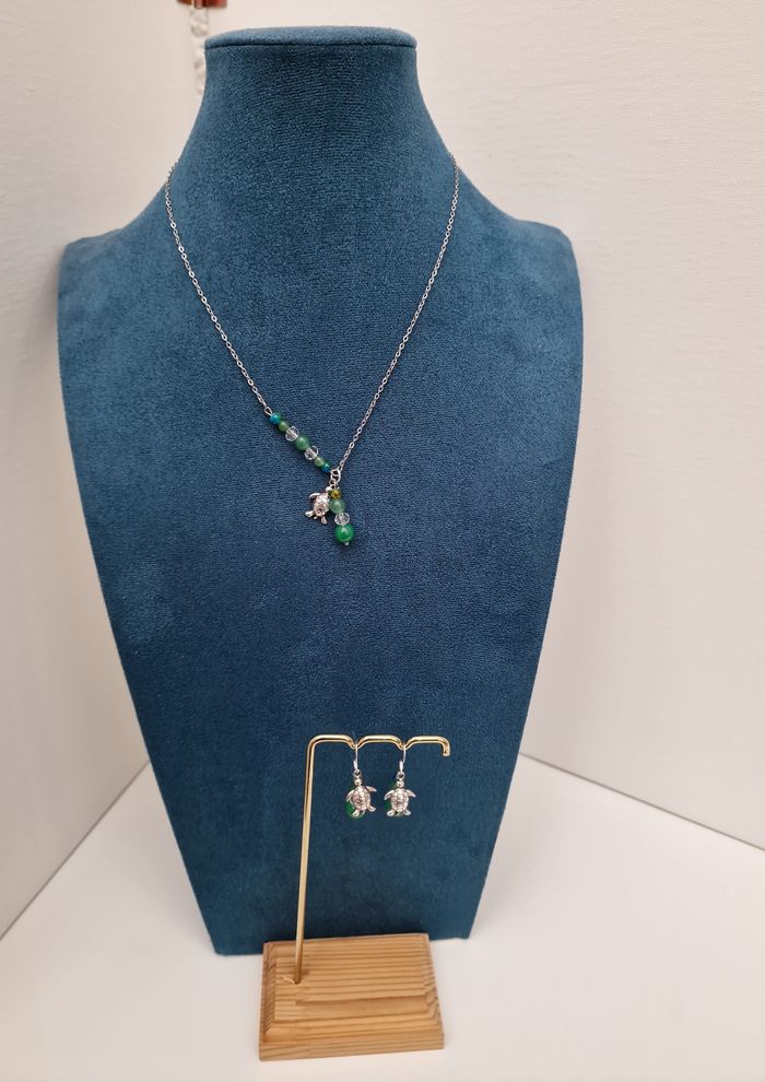 Parure Bijoux Acier Argenté Tortues Perles Jade Cristal - photo numéro 2