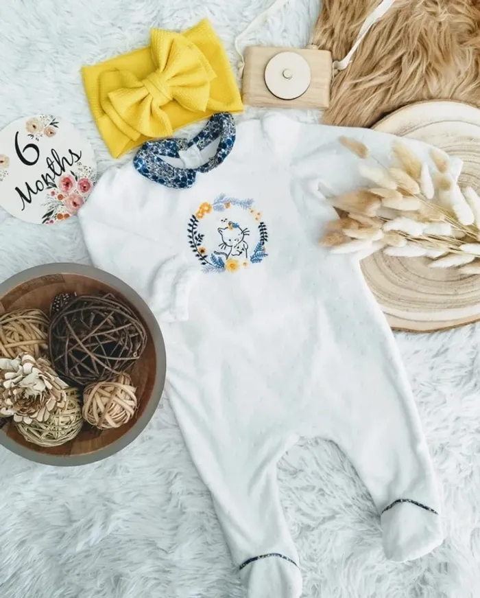 Pyjama velours col fleuri et bandeau cheveux sergent major fille 6 mois 🎀 - photo numéro 2