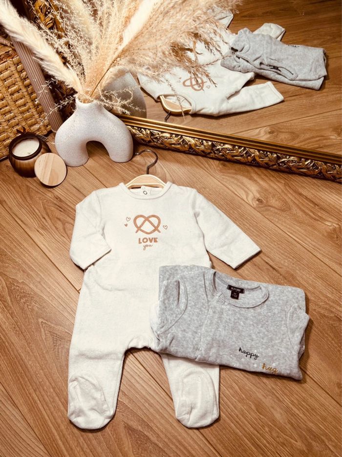 Taille 3 mois lot de 2 pyjamas velours garçon mixte Kiabi crème gris * clove ours * 🎀