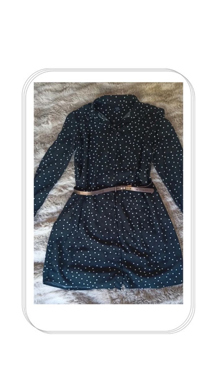 Robe chemise fluide courte femme noire à pois blancs t38- Kiabi