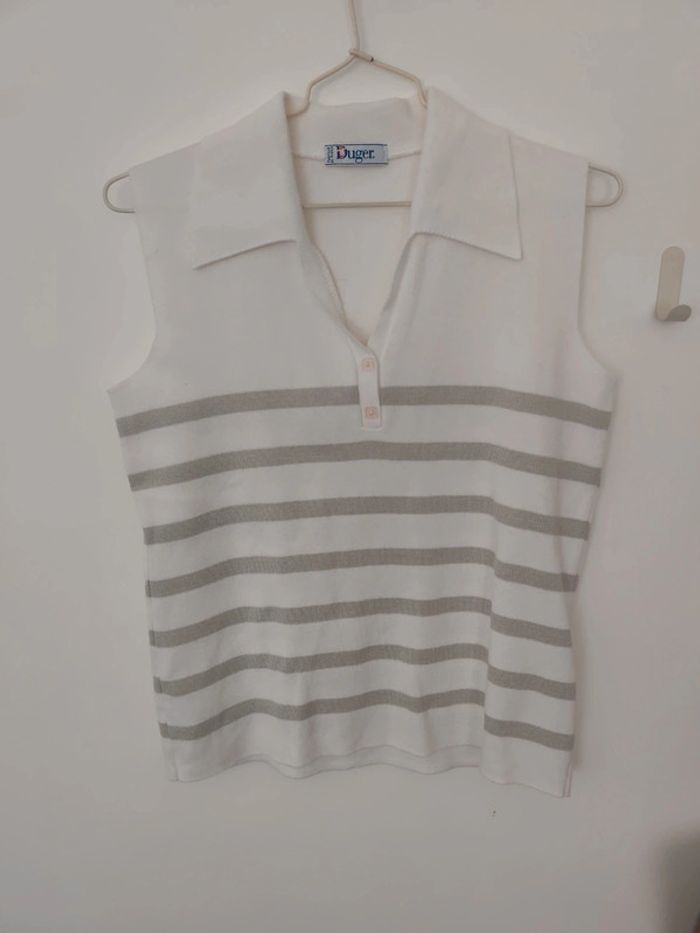 Débardeur blanc et gris à rayures type marinière avec col Duger taille 3 Made in France