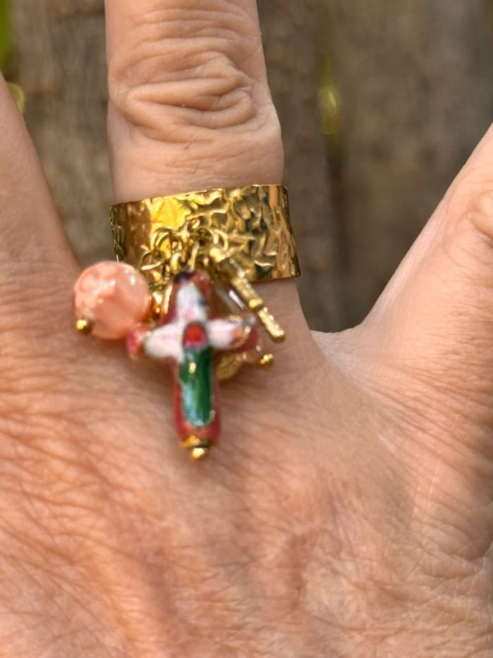 Bague habaha Paris large réglable croix porcelaine médaille vierge noeud perle  pierre - photo numéro 3