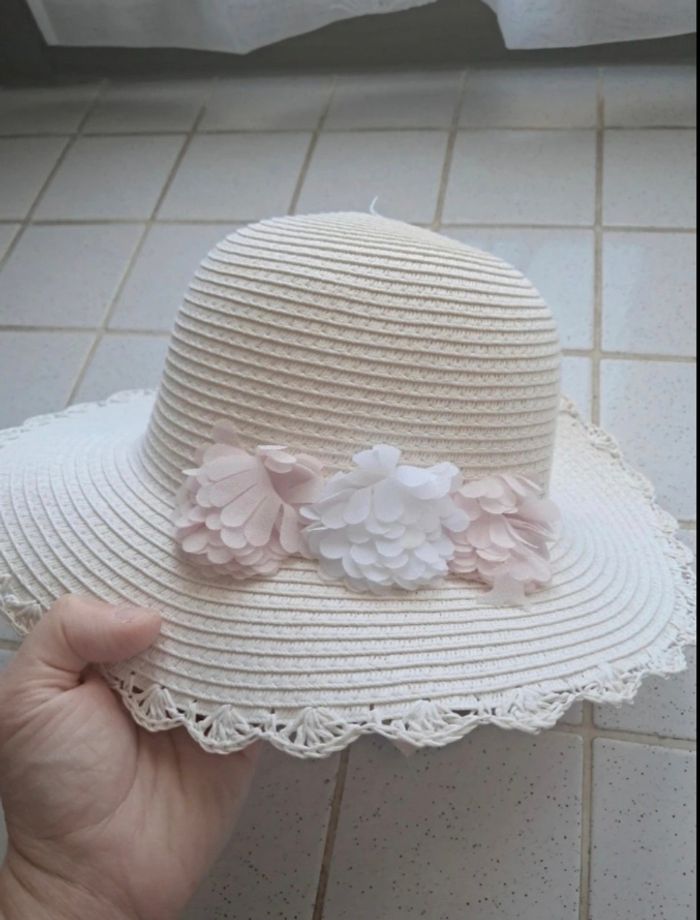 Chapeau de soleil blanc fleurs rose 53cm - photo numéro 2