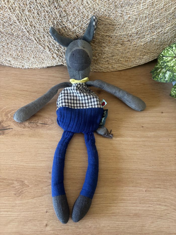 Doudou âne Anatole pomme des bois bleu gris grelot moulin roty