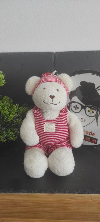 Doudou ours blanc combinaison rayé rouge nicotoy bonnet rayure peluche Marron