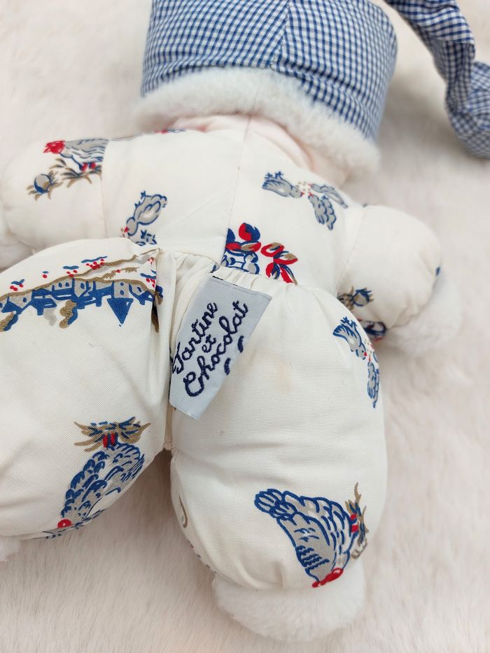 Ancien doudou poupée tissu lutin blanc Tartine et Chocolat bonnet vichy carreaux bleu blanc poule ca - photo numéro 4