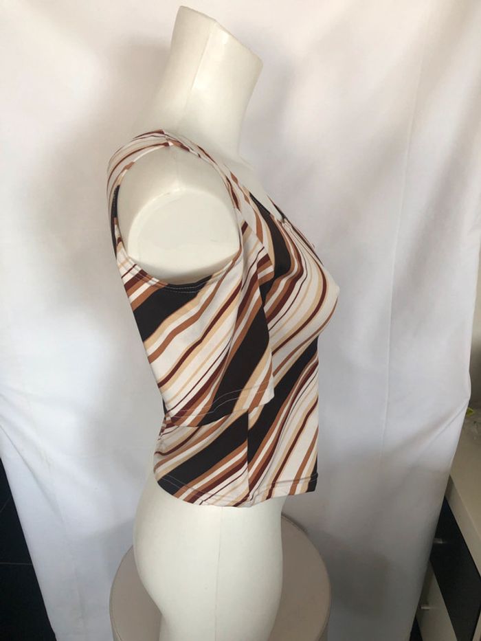 Haut rayé col carré épaules découvertes marron blanc et beige taille 36 vintage très bon état - photo numéro 2