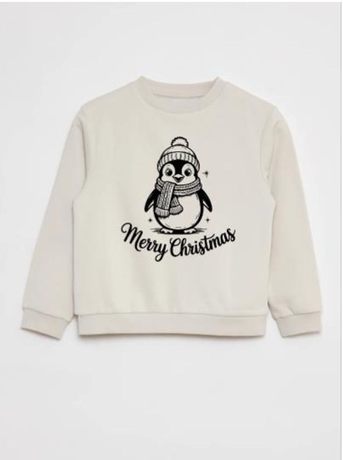 Pull enfant Merry Christmas – Pingouin mignon – Imprimé en France – Chaud et confortable