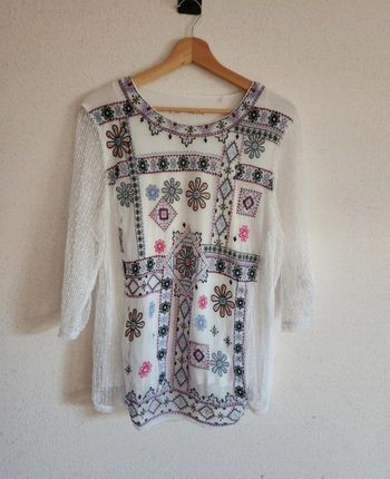 Blouse blanche brodée bohème – Taille M – Manches 3/4 – C&A