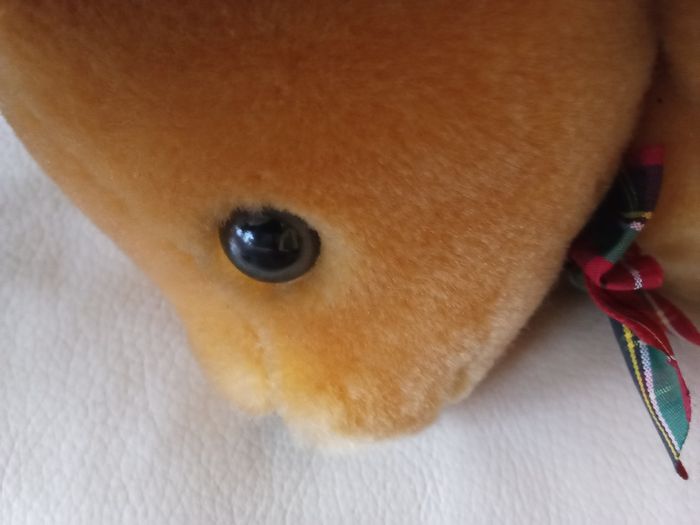 Peluche ours Boulgom marron clair Vintage  ancien doudou noeud écossais au cou yeux durs nez noir d'occasion INTROUVABLE - photo numéro 3