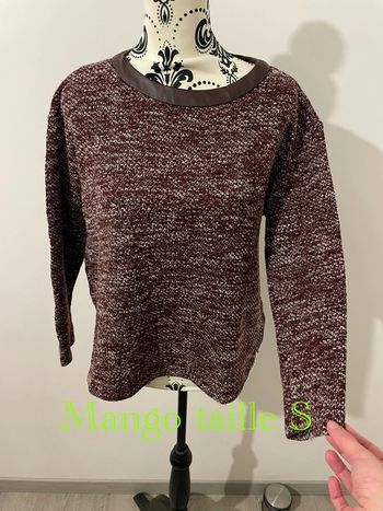 Pull à manches longues bordeaux chiné blanc col et côté en similicuir mango taille S