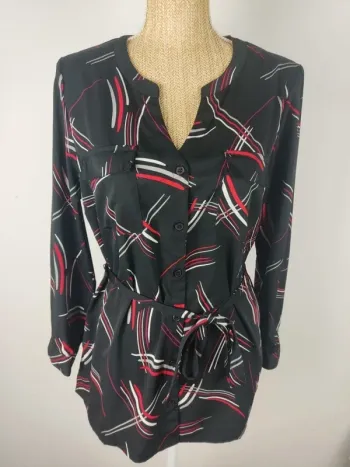 Blouse manches longues boutonnée noire motifs graphiques ceinture à nouer taille 44 Damart