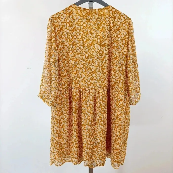 Robe courte à fleurs moutarde Promod manches longues légères taille L 44 Belgique A430 - photo numéro 3